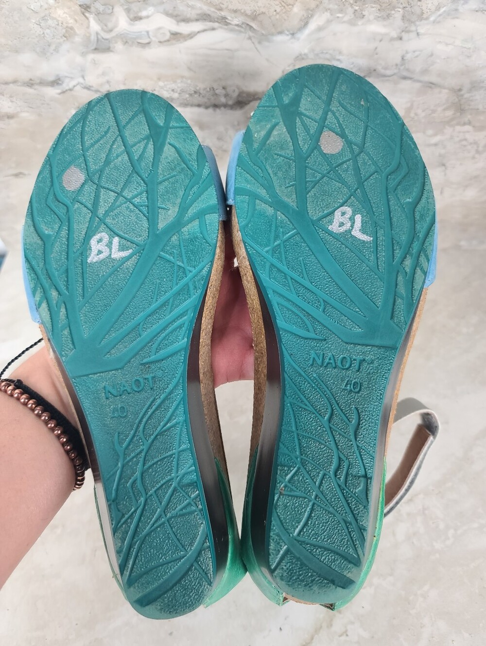 Naot PIXIE Blue Green Silver Pewter Colorblock Leather Wedge Sandals 9 - Picture 12 of 14